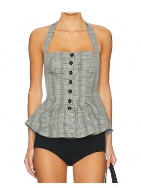 Free People Anastasia Gray Plaid Halter Peplum Top